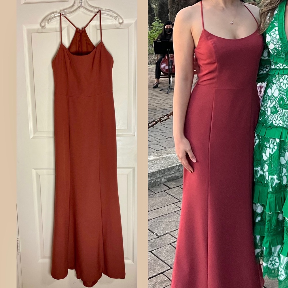 Amsale Taryn cayenne sz 4 halter racer back hourglass gown